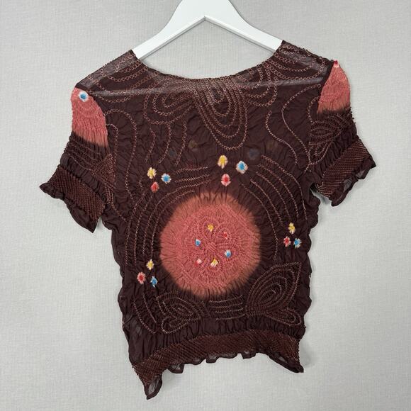 Original Tee Women Top Small Wine Silk Textured Tie Dye Hippie Boho Gypsy Blouse - Picture 8 of 11